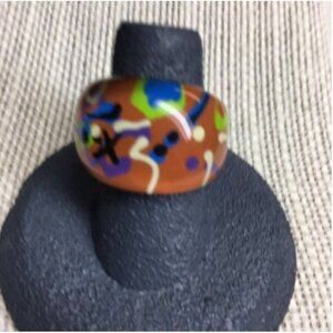Hand Painted Acrylic Ring Sz 6.5 Brown Green Blue Black White Green Purple Retro